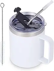 Volhoply 12oz Insulated Leakproof Coffee Mug with Sliding & Straw Lid,Double Wall Vacuum Stainless Steel Travel Cafe Tumbler Cup with Handle,Reusable Camping Mugs Keep Cold/Hot(White,1 Set)