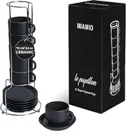MIAMIO - 75 ml Espresso Cup Set with Saucers Coffee Mug Set of 6 - Ceramic Coffee Mug Stackable Espresso Mug with Stand for Coffee Drinks, Latte, Cafe Mocha - Le Papillon Collection (Black)