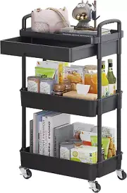 Calmootey 3-Tier Rolling Utility Cart with Drawer,Multifunctional Storage Organi