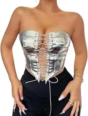 [Generic] Women's Vintage Corset Lace Up Bustier Boned Mesh Strapless Bodyshaper Sexy Crop Top