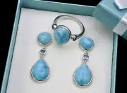 Larimar AAA Premium Quality Ring and Earrings Set. .925 Sterling Silver Size 7.5