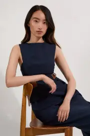 Petite Premium Tailored Linen Tab Waist Pencil Midi Dress