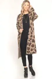 Leopard Print Open Front Long Cardigan Sweater Mocha Coat Coverup