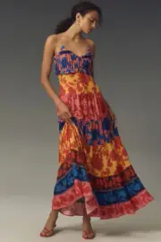 New Farm Rio x Anthropologie Button-Front Tiered Maxi Dress L $228 NWT