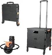 Foldable Utility Cart Folding Portable Rolling Crate Handcart with Durable Heavy Duty Plastic Telescoping Handle Collapsible 4 Rotate Wheels for Travel Shopping Moving Luggage Office Use (Black+Black)