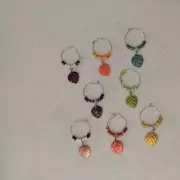 Wine Glass Stemware Silver Toned Autumn Leaves Marker Charms Set of 8