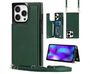 Iphone 15 Pro Max Case, RFID Blocking Iphone 15 Pro Max Wallet Case With Wrist Strap-Green