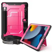 For Apple iPad 9th Gen 10.2 inch 2021 Cover For Kids Pen Pencil Holder Shockproof Protective Kickstand Shoulder Belt Carry Strap Back Stand Case (Hot Pink)