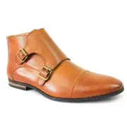 Men Handmade Boots Cap Toe Brown Dotted Monk Strap Double Buckle Formal Shoes