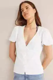 BODEN white fitted v-neck Button front linen Top size 12 NEW. T1160