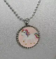 Unicorn Pendant Bead Necklace Girls Bottle Cap Style Silver Pink Rainbow Charm H