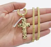 10k Yellow Gold Nugget Charm & Franco Chain Necklace 3mm 24" Inch Real 10KT SET