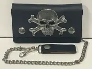 Skull & Crossbones Real Pewter & Genuine Leather Wallet w/ Chain Biker Style New