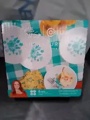 Pioneer Woman Corelle Appetizer Plate Set of 4 White/Blue 6.75 Inch Diameter
