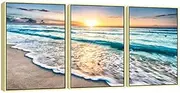 Pyradecor Gold Framed Large Blue Beach Sunrise White Wave Pictures Painting on Canvas Sunset Seascape Canvas Prints Modern Seaview Canvas Wall Art for Home Office Decorations AH3069-4060GF