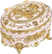 SUMNACON Vintage Metal Jewelry Box Trinket Box, Decorative Small Jewelry Trinket Organizer with Lid Retro Oval Storage Box Holder for Rings Earrings Necklace (Beige)