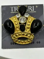 Vintage Trifari Black lucite white rhinestone Crown Brooch