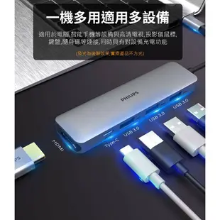 【享4%點數回饋】PHILIPS 5合1轉接器 擴充器 分線器 HUB Type-C轉HDMI USB延長線 PD快充 DLK5529C