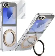 Phone Screen Protection Compatible with Samsung Galaxy Z Flip 6 Case with Screen Protector, 360°Rotatable Ring Kickstand, Military Grade Shockproof Translucent Protective Case, Crystal Clear phone acc