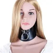 Locking Posture O Ring Collar- Black Faux Double Leather Neck Belt Adjustable Lockable Choker Collar Restraint Head Harness BDSM Adult Sex Toy