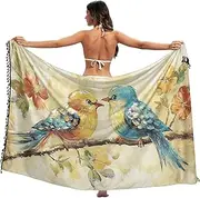 [XYMZR] Women's Sarong Swimsuit Coverups Birds Tree Cute Chiffon Bikini Wraps Skirt with Tassels L