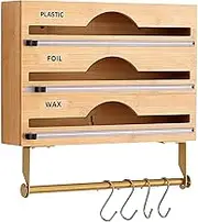 oolong Bamboo 3-in-1 Foil, Cling Wrap & Wax Paper Organiser, Built-in Slide Cutters, Wall Storage Holder for 30cm Rolls, Eco-Friendly Kitchen Organizer with Labels & 4 Hooks