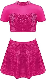 [Yhong] Kids Girls Backless 2 Pcs Dress Suit Crop Ruffled Skirt Short Sleeve Shirt Top Solid Color Dance Clothes