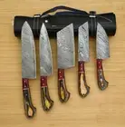 Custom made/Damascus chef knife set/ Wood & Steel On Handle with leather sheath