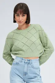 Green Knit Jumper Long Sleeve Crew Neck - Size M, Women's Jumper