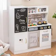 HONEY JOY Play Kitchen Toy Set, Kids Kitchen Playset w/Chalkboard, Oven, Sink, Curtain, Microwave, Water Dispenser, Utensils, Real Sounds & Lights, Chef Pretend Play Toy for Boys Girls Aged 3+ Years