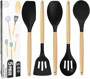 Non-Stick Silicone Cooking Utensils Set, 5 Pcs with Wooden Handle, Heat Resistant Silicone Kitchen Gadgets (Black)