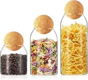 HUIRUMM Glass Jar with Ball Cork Lid ,Glass Kitchen Storage Jars,Clear Airtight Food Storage Container Jar with Sealing Lid,Storage Container Jars for Coffee, Tea, Spice, Sugar, Salt, Set of 3(500ml, 800ml, 1200ml)