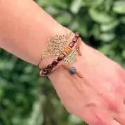 Handmade Boho Bracelet Stack 3 Piece Brown Bronze Gold Hamsa Filigree Wood
