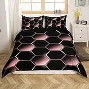 Geometric Hexagon Bed Linen Set, Blush Pink and Black Comforter Cover, 3D Gradient Geometry Artwork Duvet Cover, Watercolour Abstract Beehive Quilt Cover, 220 x 240 cm with 2 Pillowcases