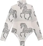 [voucong] Horse Music Unique Art long sleeve Office Bodysuit for Women Shapewear Top Cute Tops for Women Turtleneck Jumpsuit Medium size, Horse Music Unique Art