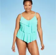 Aqua Green, Light Blue, Tiered Tankini Swim Top (Size Medium) CR