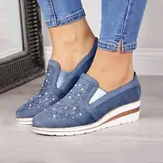 Women's Blue Slip-On Wedge Sneakers – Casual Rhinestone-Embellished Platform Loafers for Everyday Comfort Fashion