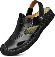 [JAMONWU] Men's Casual Closed Toe Leather Handmade Sandals Adjustable Fisherman Beach Sandals For Outdoor Walking Driving