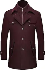 [Qolkmuiy-GJ] Men's Business Peacoat with Removable Zipper Thermal Single-Breasted Wool Blend Coat Winter Classic Peacoat