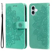 For iPhone 16 Plus Case, PU Leather Mandala Cover, Green