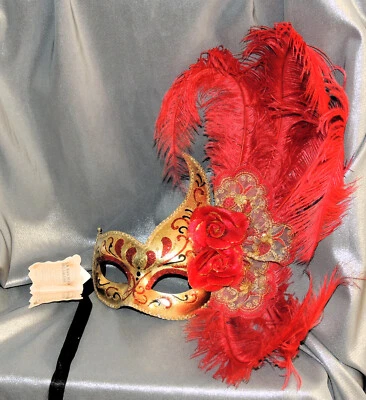 Masquerade Half Face Mask Venice Italy Hand Painted Red Gold Feathers and Roses