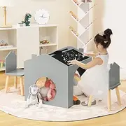 HONEY JOY Kids Table and Chairs Set, 3 Pieces Wooden Table Set for Toddler w/Blackboard, Children Activity Table & 2 Chairs for Arts, Crafts, Reading, Drawing, House-Shaped Table Furniture Set (Grey)
