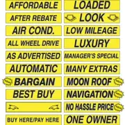 Car Lot Windshield Slogans Stickers Yellow and Black 20 packs 15" Mix n Match