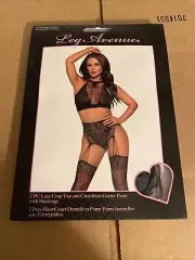Leg Avenue Lace Net Crop Top and High Waist Crotchless Garter Panty w/ Stockings