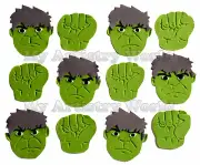 A set of 12 edible Incredible Hulk cupcake toppers.