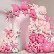PEKGLOW Bow Balloon Garland Arch Kit Coquette Birthday Decorations Pink White Balloon Arch Hot Pink Bowknot Balloons for Wedding Bridal Shower Girl Birthday Engagement Coquette Bow Party Supplies