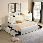 King Bed Frame with Storage, Upholstered Bed Frame with LED Lights Headboard and 4 Drawers, Double Size Bed with Charging Station, Noise-Free, No Box Spring Needed, Easy Assembly, Beige