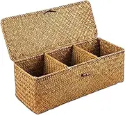 Wicker Storage Basket, 13x5x4 Wicker Basket with Lid 3-Section Wicker Basket Rectangular Storage Box for Desktop Organizing