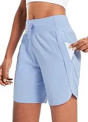 [baleaf] Women's 7 Inch Running Shorts Running Trousers Short Sports Trousers with 4 Pockets Jogging Bottoms Sports Shorts with Inner Briefs, Light Blue, Large
