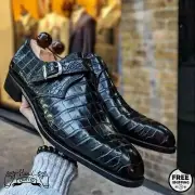 Handmade Black Alligator Crocodile Men Leather Single Monk Strap Dress Shoes